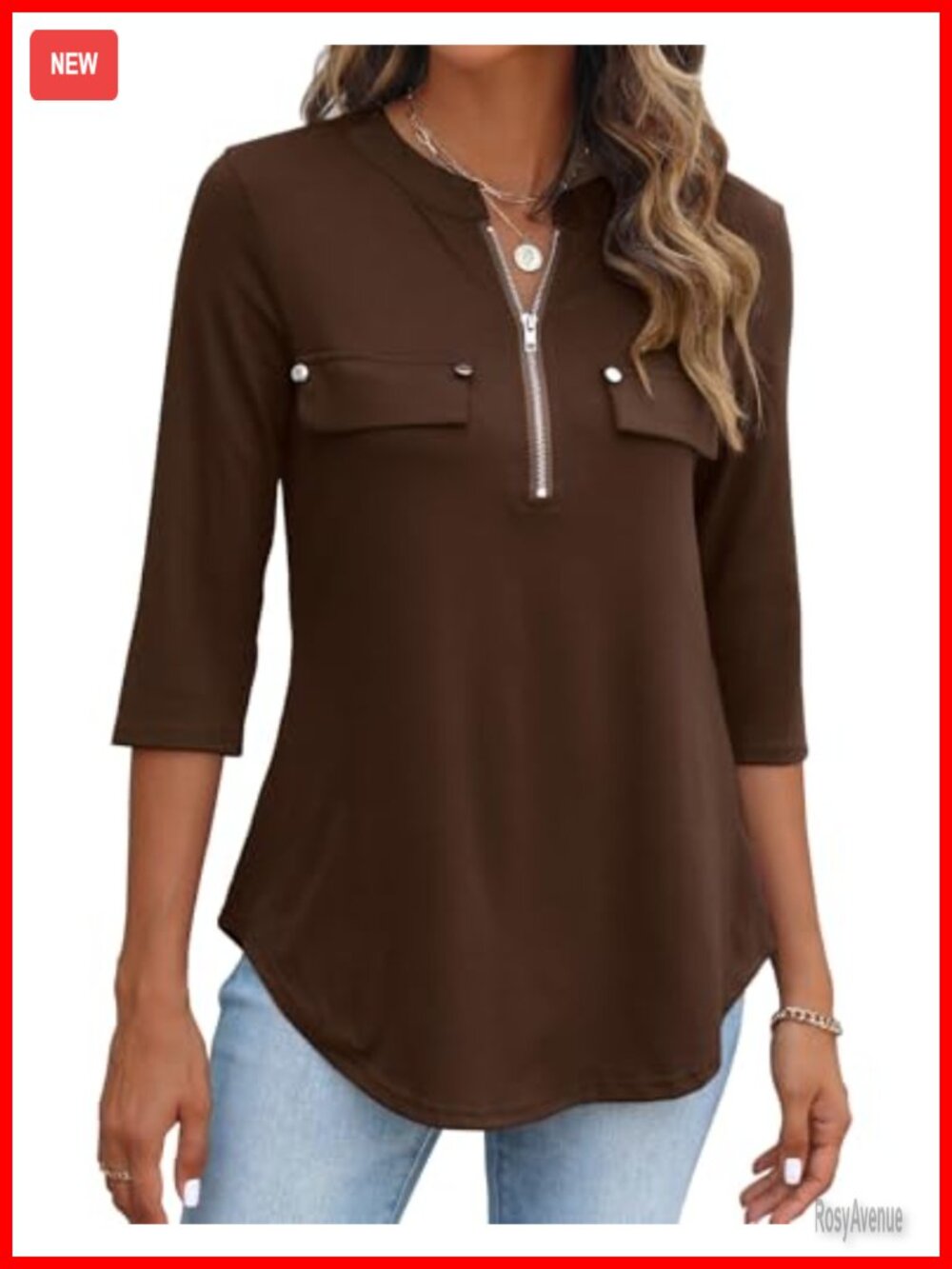 3/4 Sleeve Womens Tunic Top Zipper Front V Neck Dressy Casual Work Blouse